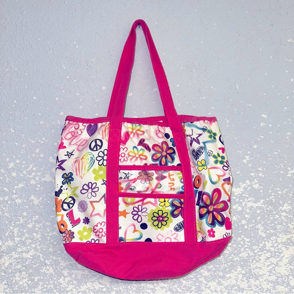 Girls pink and white tote with rainbow colors